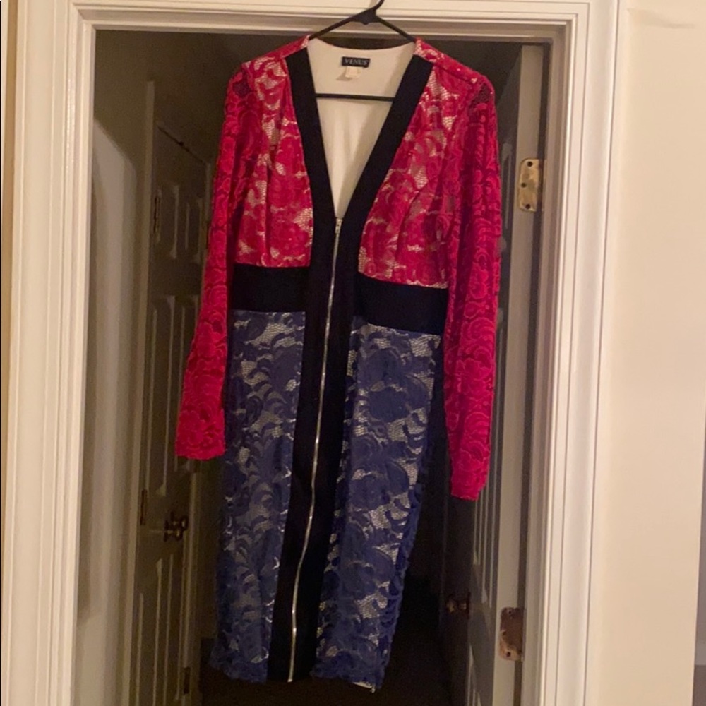 Lace two tone dress w/ zipper front